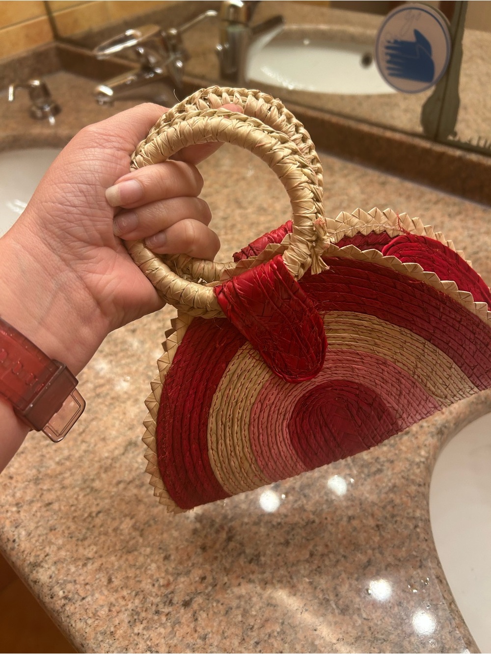 Handwoven Red and Natural Straw Circle Handle Bag